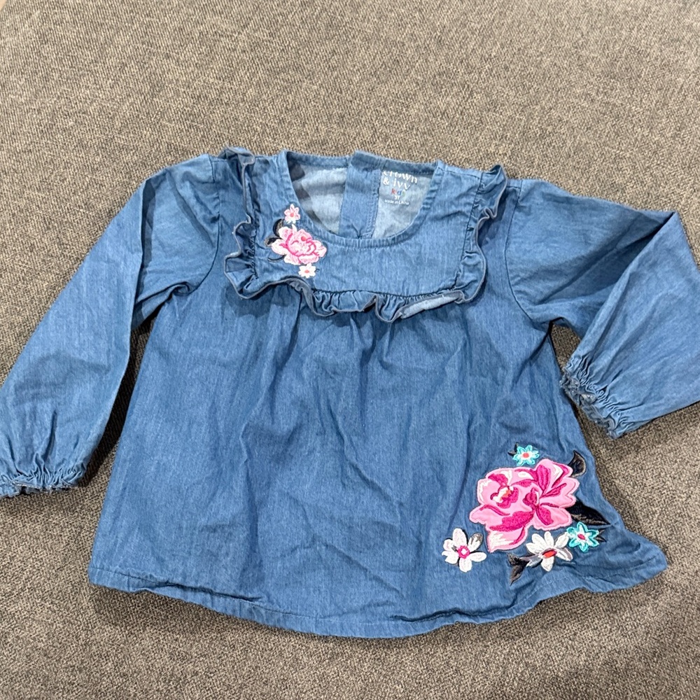 Crown & Ivy Kids Denim Blouse with Pink Floral Embroidery and ruffles 3T